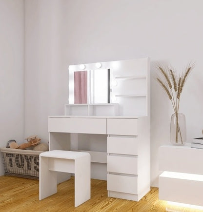 Makeup Vanity Desk Set With Mirror & Light, Dressing Table Storage Lots With Power Strip, 3 Lighting Modes With Adjustable Brightness, 37 Inches White With Stool