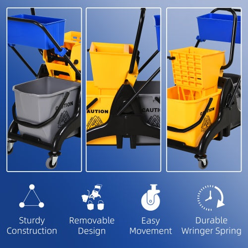 HOMECOM 6.9 Gallon Mop Bucket Swivel Arm Cart With Easy-to-use Side Pressure Swivel Arm Smooth Wheels And Mop Handle Bracket