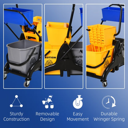 HOMECOM 6.9 Gallon Mop Bucket Swivel Arm Cart With Easy-to-use Side Pressure Swivel Arm Smooth Wheels And Mop Handle Bracket