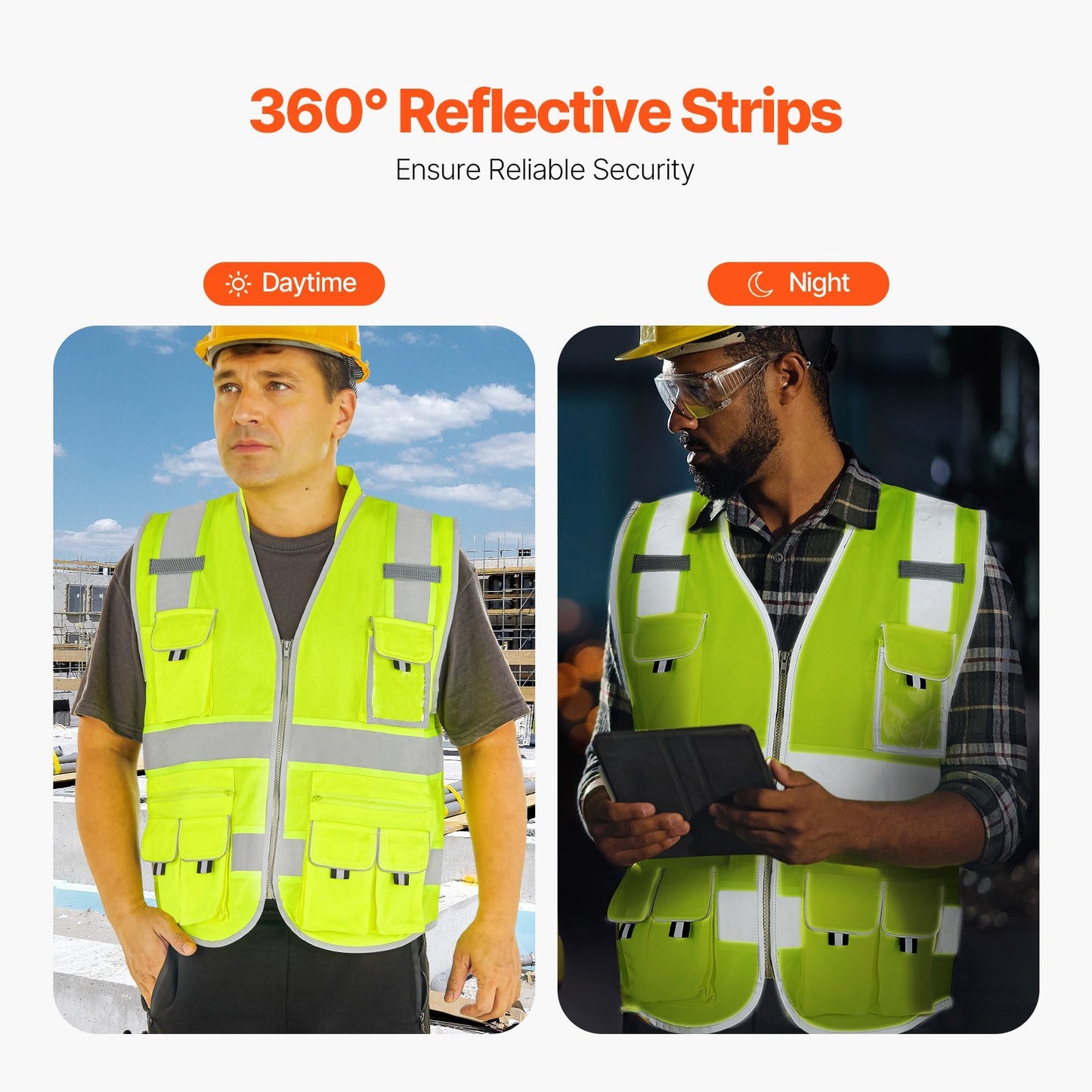 Safety Vest Reflective Yellow Work Vest With 10 Pockets For Men & Women