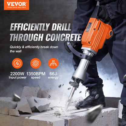 VEVOR Demolition Jack Hammer, 2200W 1400 BPM Jack Hammer Concrete Breaker, Heavy Duty Electric Jack Hammer 6pcs Chisels Bit With Gloves, Swiveling Front Handle For Trenching And Breaking Holes