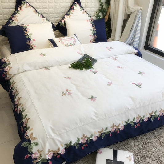 Four-piece Floral Embroidery Strawberry Quilt Cover