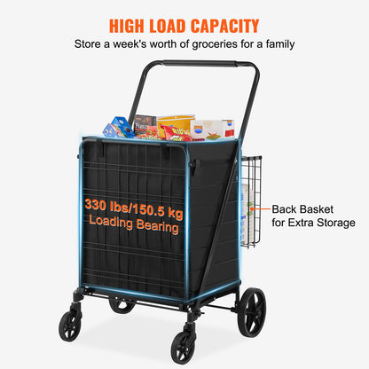 VEVOR Folding Shopping Cart With Removable Waterproof Liner, 330LBS Large Capacity Jumbo Grocery Cart With Dual Basket,  Swivel Wheels, Dense Metal Mesh Base, Heavy Duty Utility Cart For Shopping
